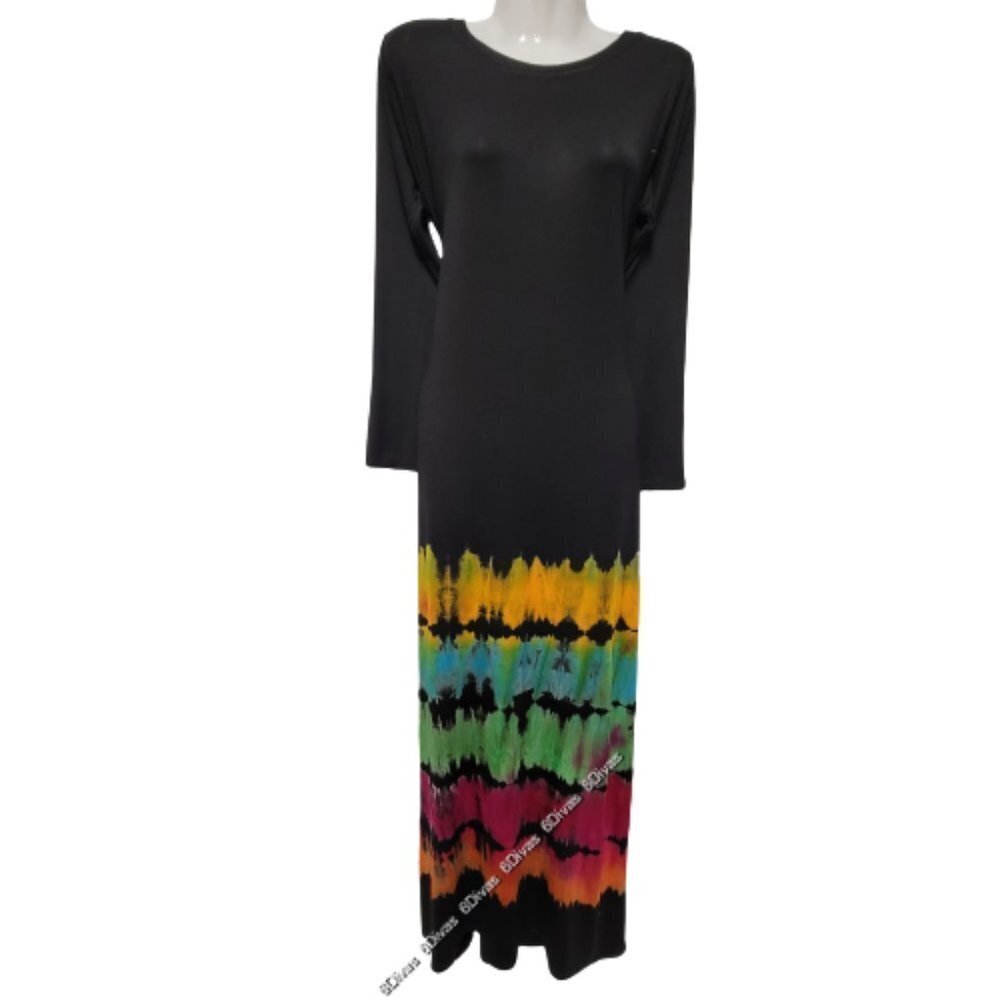 Colourful Tie Dye Dress Black Maxi Long Sleeve Maxi Dress - One Size- NEW !